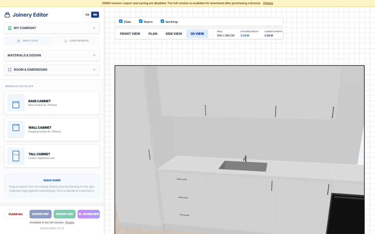 ViFo – Joinery Editor: 3D preview of kitchen layout with textures and appliances