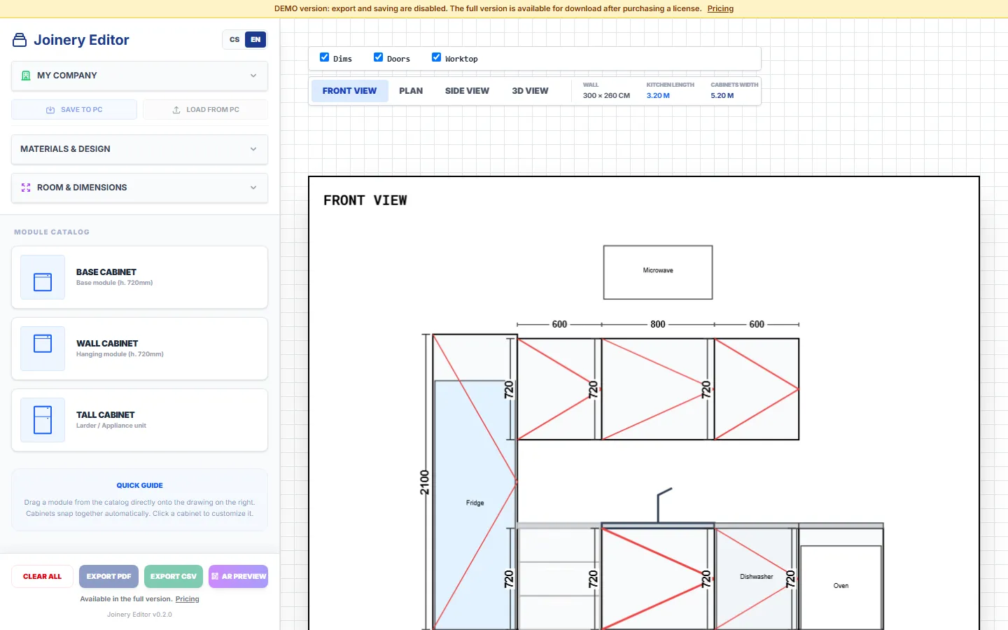 ViFo – Joinery Editor: 2D plan and kitchen layout drawing