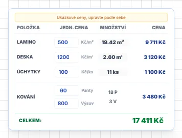 ViFo – Truhlářský editor: plovoucí kalkulační tabulka s rozpisem lamina, desky, úchytek, pantů a výsuvů s jednotkovými cenami a celkovým součtem